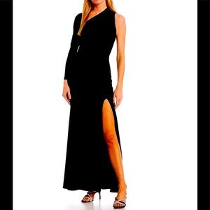 Betsy & Adam One Shoulder LS Asymmetrical Neck Stretch Gown